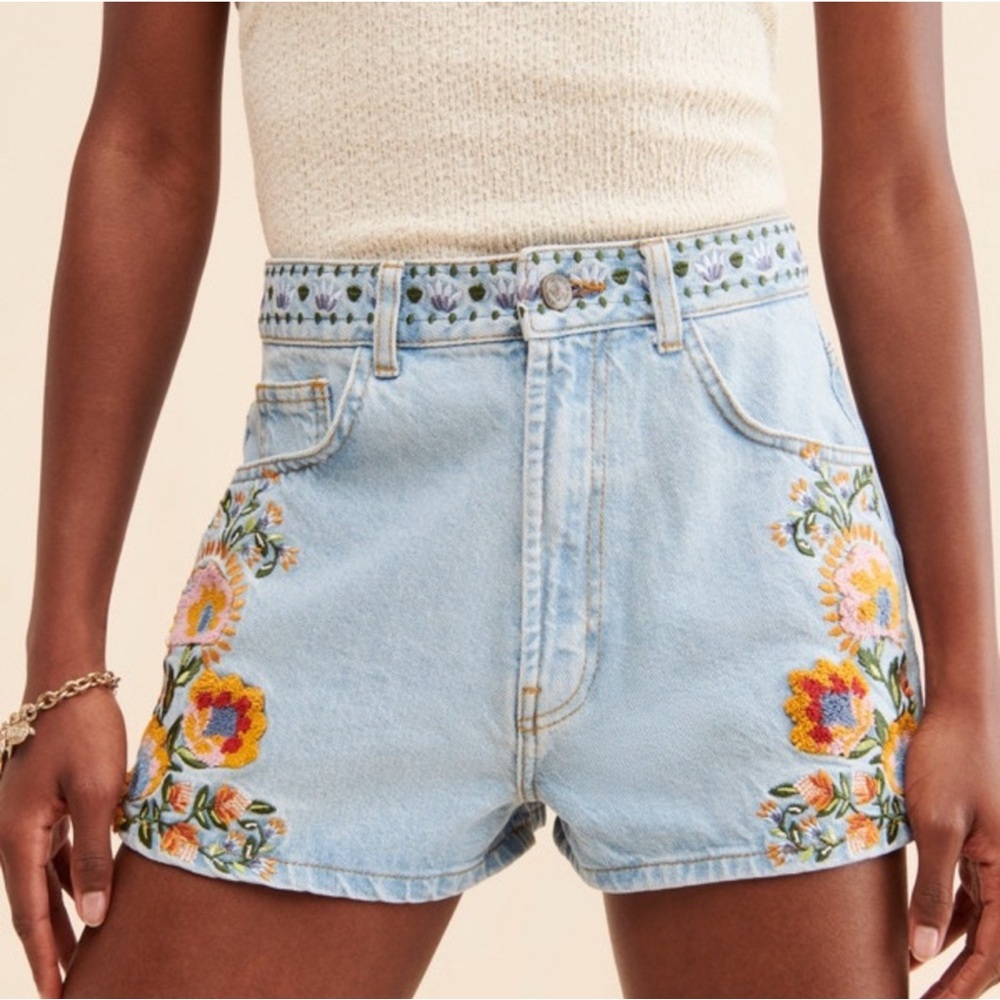 Farm Rio Summer Garden Embroidered Denim Shorts